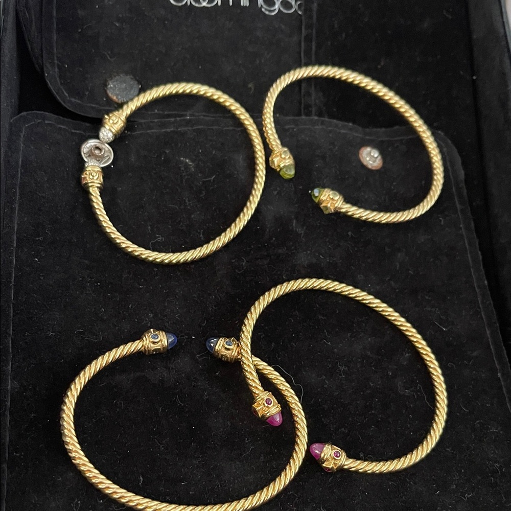 Gold-Tone Twisted Cable Open Cuff Bracelet with Colored Gem Ends - Women